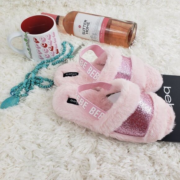 BEBE Plush Pink Glitter Logo Flip Flop Sandals 4/5 - Picture 3 of 4